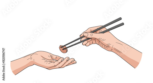 Illustration of a hand using chopsticks to offer food to another person's open palm, symbolizing sharing, kindness and giving.