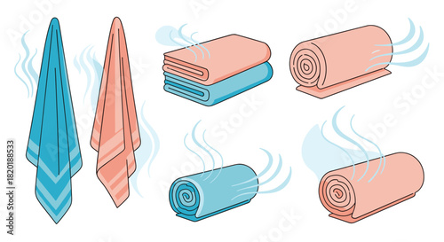 Set of clean and steaming hot towels, shown hanging, folded, and rolled in a simple colored illustration for spa or hotel concepts.