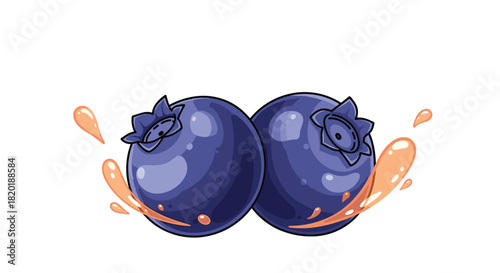 Two juicy, ripe blueberries with a sweet splash effect, a fun and vibrant cartoon illustration for fruit and food concepts.