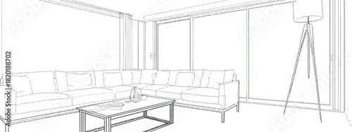 Modern Living Room Sketch: A minimalist line drawing showcases a spacious, contemporary living room with large windows, a comfortable sectional sofa, and a stylish floor lamp.