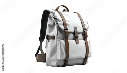 A white backpack with brown straps and buckles sits against a black backdrop