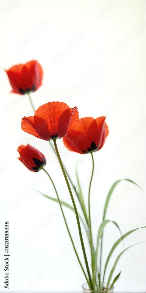 Fototapeta premium Three vibrant red poppies stand tall against pure white, slender stems reaching upward in serene floral elegance.