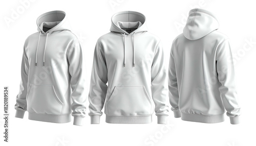 Three views of a plain white hooded sweatshirt on a black background