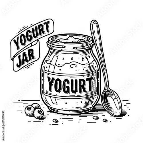 A vintage-style black and white illustration of a yogurt jar with a spoon and blueberries.
