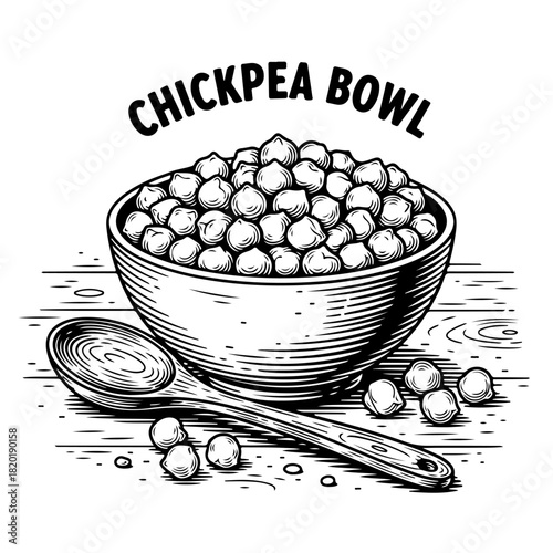 A hand-drawn black and white illustration of a bowl full of chickpeas with a wooden spoon on a table.