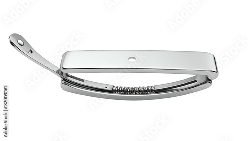 A polished silver clasp, open, viewed from side against a black background