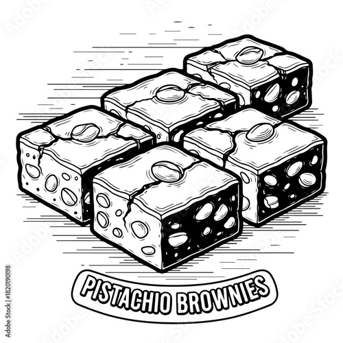 A black and white line art illustration of six pistachio brownies with coffee beans on top.
