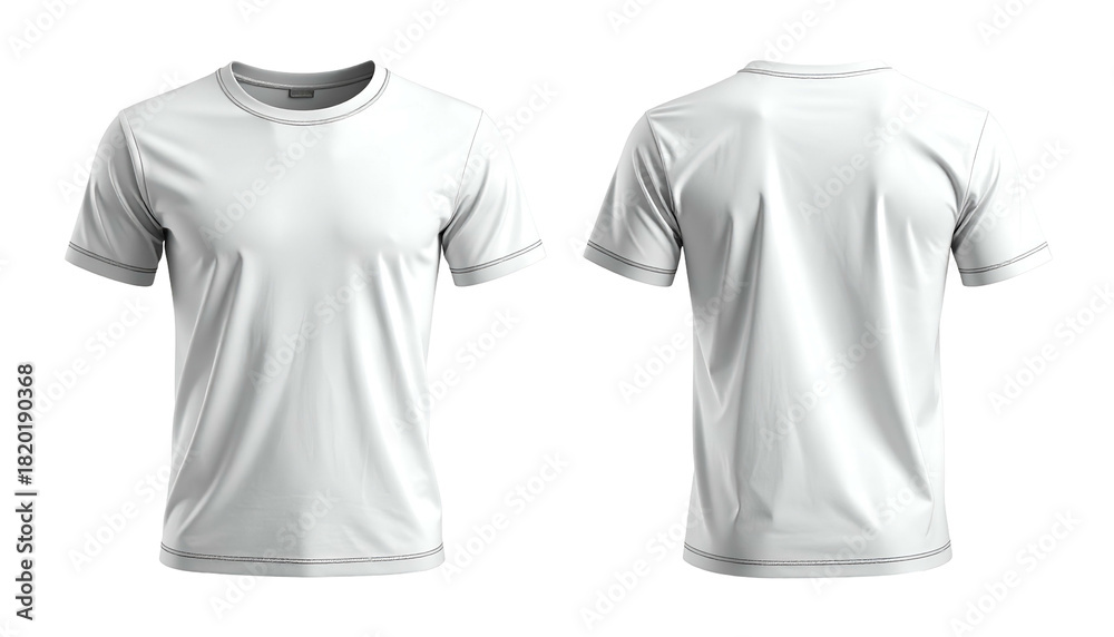 Fototapeta premium Front & back view of a plain white, crew neck t-shirt. Stitched detail visible