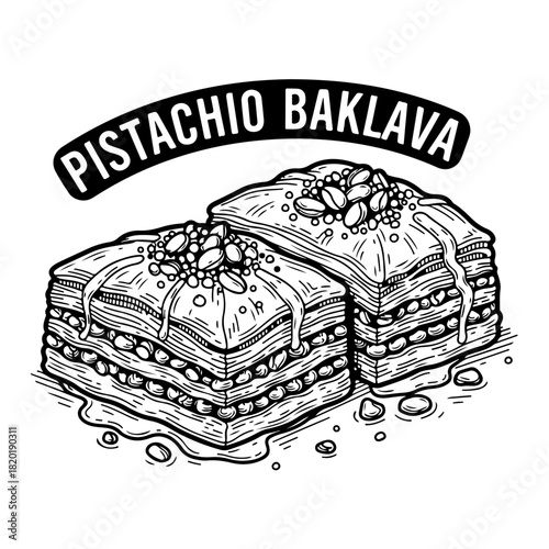 A black and white hand-drawn illustration of two pieces of pistachio baklava with syrup.