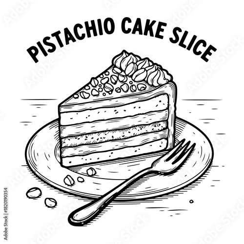 A hand-drawn black and white illustration of a layered pistachio cake slice on a plate with a fork.