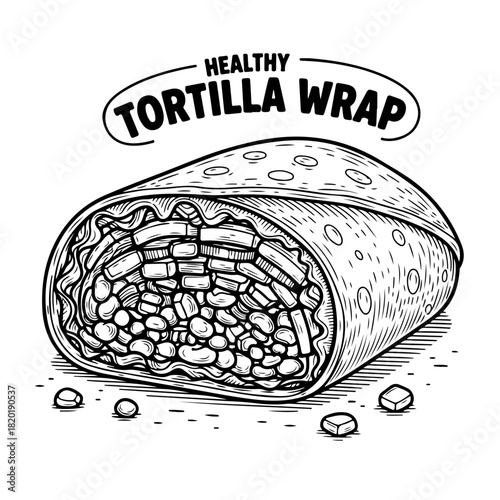 A detailed black and white hand-drawn illustration of a healthy tortilla wrap, showing the filling inside.