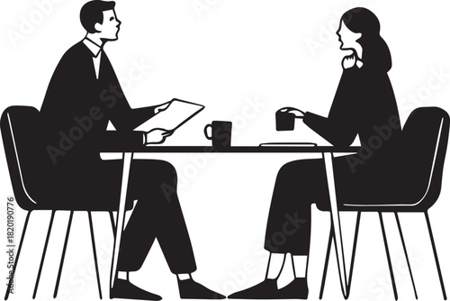 Discussing over the Table: Two individuals engage in a focused meeting, seated opposite each other at a simple table, coffee cups and papers positioned between them.