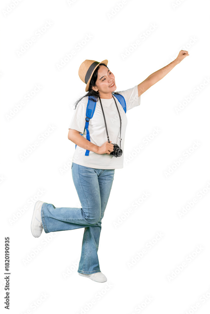 Naklejka premium Enthusiastic Female Traveler Cheering and Pointing Upwards on White Background