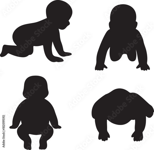 baby crawling silhouette icons set side, front, back, and top views vector art illustration