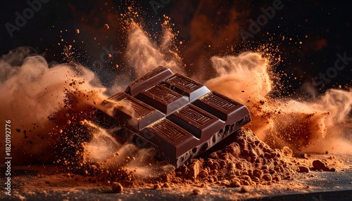 Chocolate bar exploding with cocoa powder, a delicious and rich dessert treat