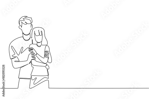 Single line drawing of a loving couple holding and hugging each other celebrates National Loving Day, symbolizing affection, peace, and unity through a minimalist art concept of love and connection.