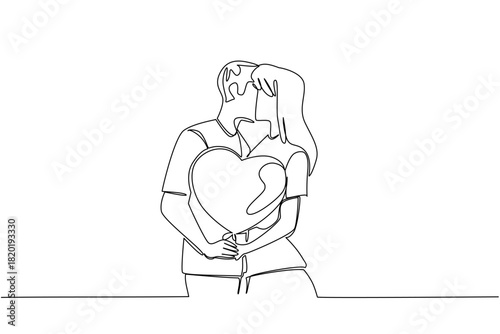 Continuous line drawing of a couple kissing behind a heart balloon celebrates National Loving Day, expressing romantic affection and emotional unity through minimalist art concept and design.