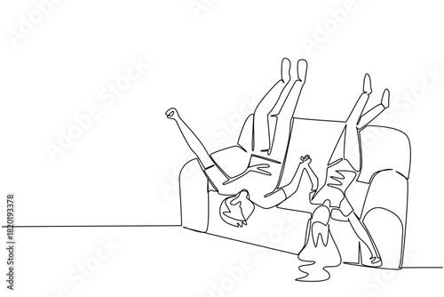 One line drawing of a man and woman relaxing upside down on a couch for National Loving Day symbolizes couple joy, comfort, and equality through a minimalist art concept of playful love and happiness.