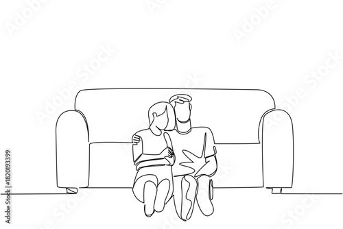 Single line drawing of a couple relax sitting on floor in front of the sofa for National Loving Day expresses affection and comfort in a minimalist love art concept celebrating harmony and connection.