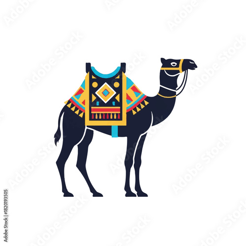 Elegant black camel adorned with a vibrant traditional patterned saddle illustration