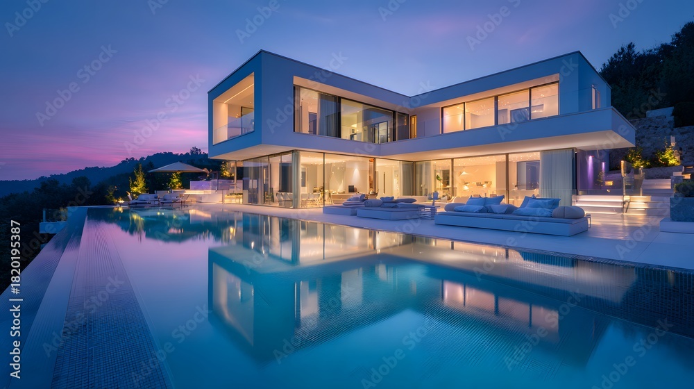 Fototapeta premium Modern luxury residence features expansive infinity pool during twilight hours