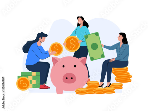 Some woman save coins and banknotes in piggy banks. Saving vector illustration. Flat illustration concept.