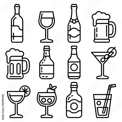 set of alcohol drinks bottles and glasses coloring page