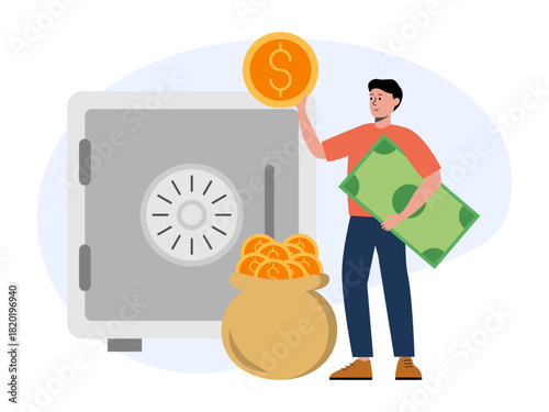 Young male puts money in safe. Saving vector illustration. Flat illustration concept.