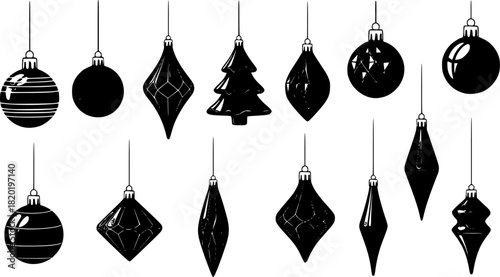 Vector illustration of black hanging Christmas ornaments in various shapes including balls, trees, diamonds, and teardrops for holiday decoration.
