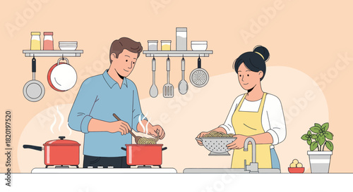 Couple happily cooking together in a modern kitchen.