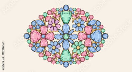 Vintage floral brooch with colorful gemstones and crystals in a gold setting.