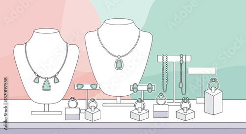 Elegant jewelry display with necklaces and rings on stands.