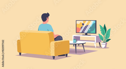 A man relaxes on a sofa watching television in his living room.