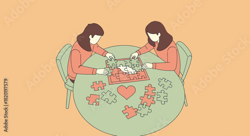 Two women assembling a puzzle together at a table.