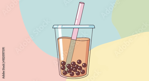 An illustration of bubble tea in a glass with a straw.