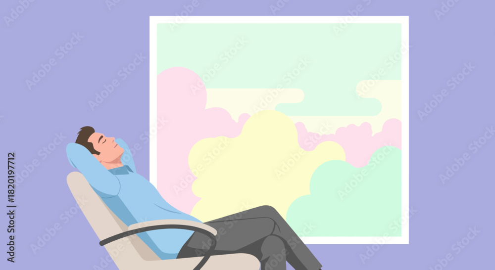 Naklejka premium Man relaxing in office chair looking out window at colorful abstract clouds