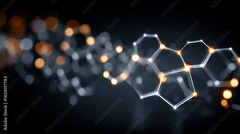 Fototapeta premium Abstract molecular structure with hexagons and glowing points on a dark background.