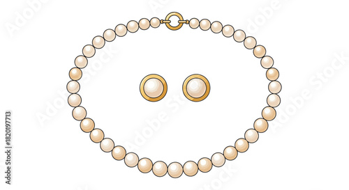 Pearl necklace and gold stud earrings on white.