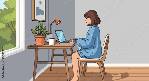 A woman is working on a laptop in her home office.