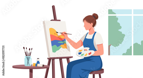 Woman painting an abstract landscape on a canvas