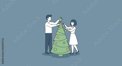 Couple decorating a Christmas tree