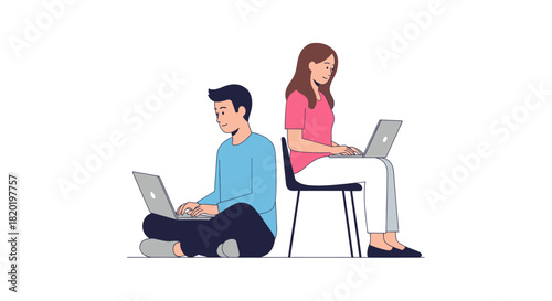 A man and woman are working remotely with their laptops.