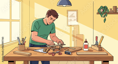 Man building a model airplane from wood with tools