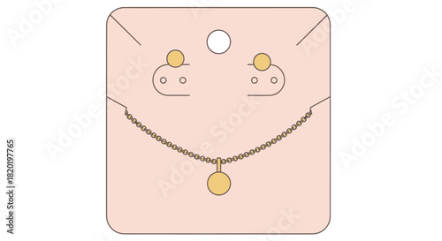 A gold necklace and earrings on a jewelry card.