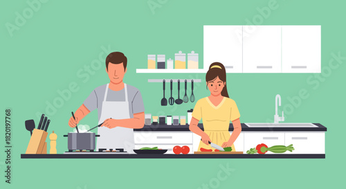 Couple is cooking together in their home kitchen.
