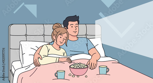 Couple is watching a movie in the bedroom.