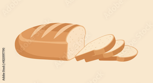 Freshly baked sliced bread loaf with a pale background.