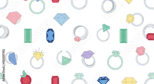 Seamless pattern of colorful gemstone rings and loose gems.