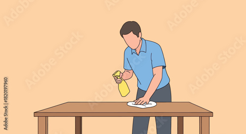 Man cleaning a table with spray and cloth