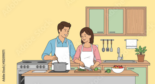 Happy young couple cooking a meal together in the kitchen.